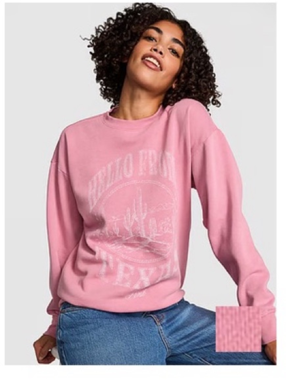 VS PINK Campus Fleece Oversized Crew pullover Sweatshirt Hello from Texas NWT$60